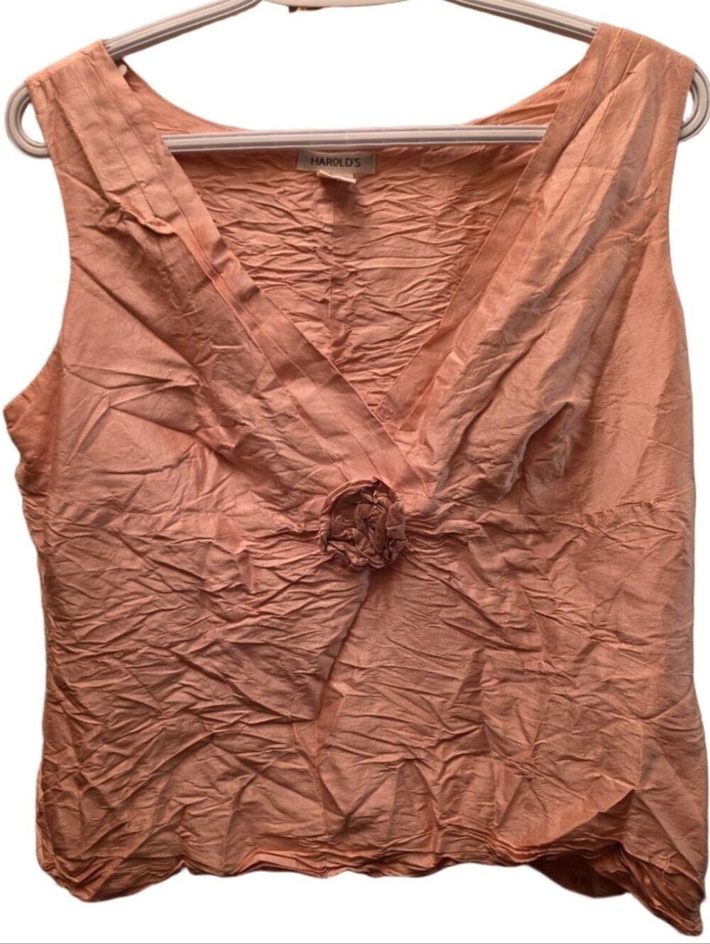 Harold's 100% Silk Dusty Rose Crinkle Rosette V Neck Blouse Y2K Size 12